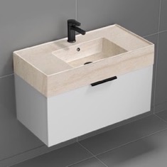 Floating Bathroom Vanity, Modern, 32 inch, Travertine Style Sink